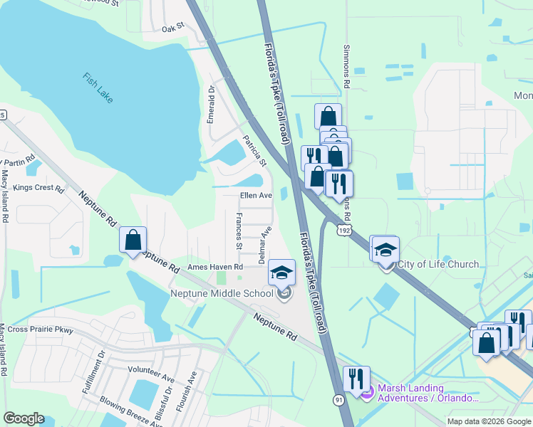 map of restaurants, bars, coffee shops, grocery stores, and more near 1547 Patricia Street in Kissimmee