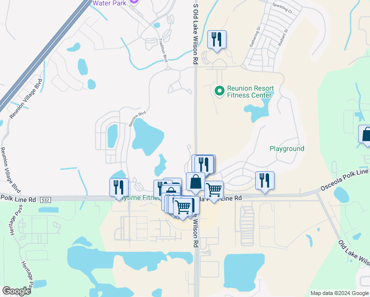 map of restaurants, bars, coffee shops, grocery stores, and more near 7625 Heritage Crossing Way in Kissimmee