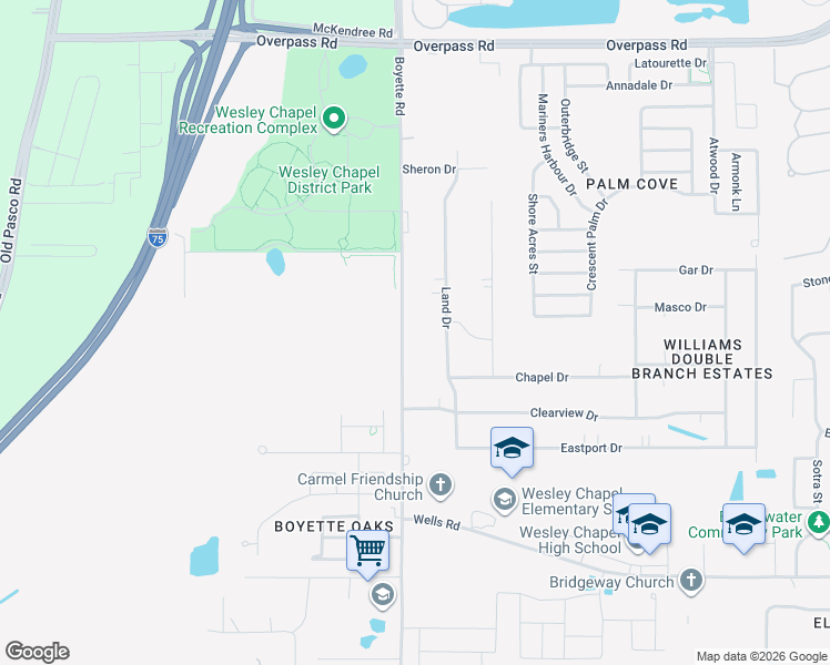 map of restaurants, bars, coffee shops, grocery stores, and more near 7242 Boyette Road in Wesley Chapel