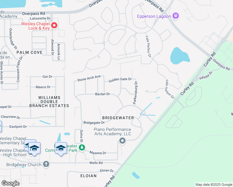 map of restaurants, bars, coffee shops, grocery stores, and more near 31233 Baclan Drive in Wesley Chapel