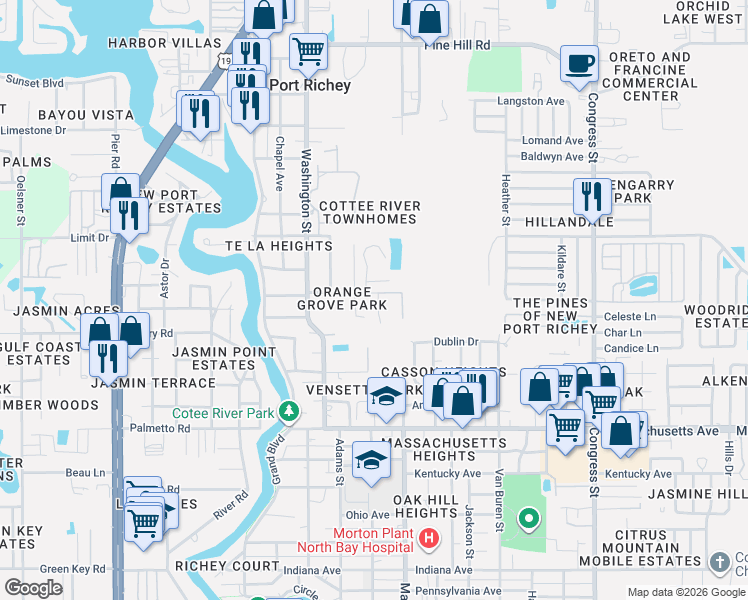 map of restaurants, bars, coffee shops, grocery stores, and more near 7306 Walnut Street in New Port Richey