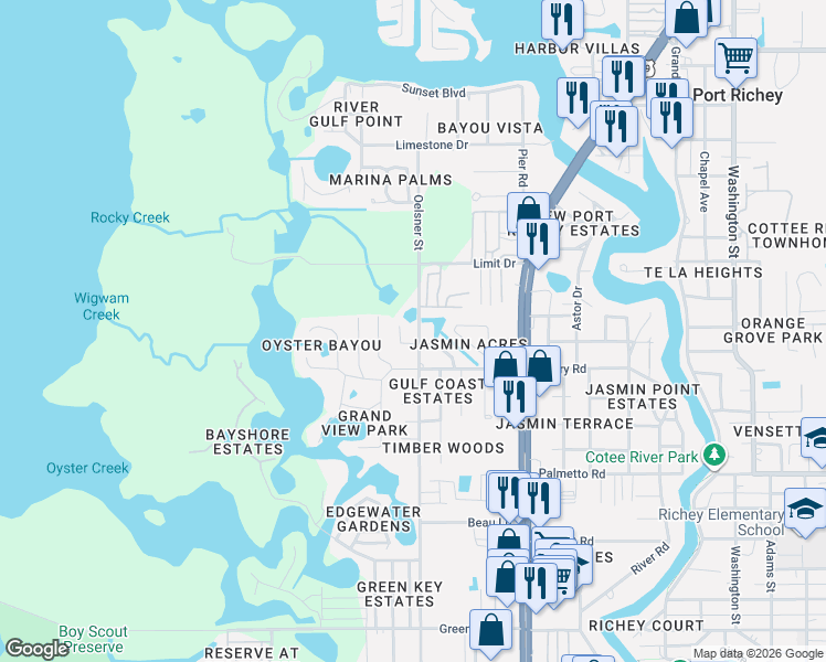 map of restaurants, bars, coffee shops, grocery stores, and more near 7305 Janczlik Drive in New Port Richey