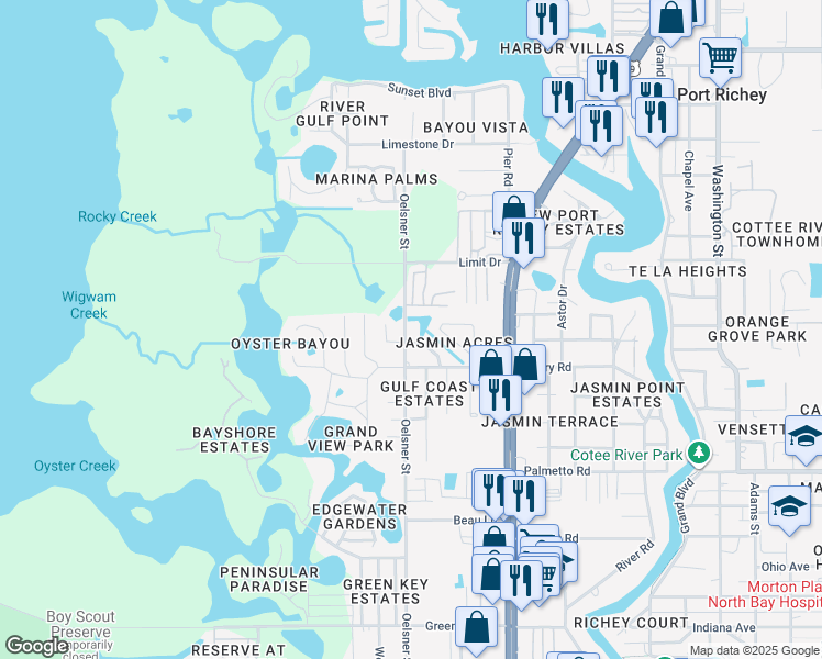 map of restaurants, bars, coffee shops, grocery stores, and more near 5029 Osprey Lane in Port Richey