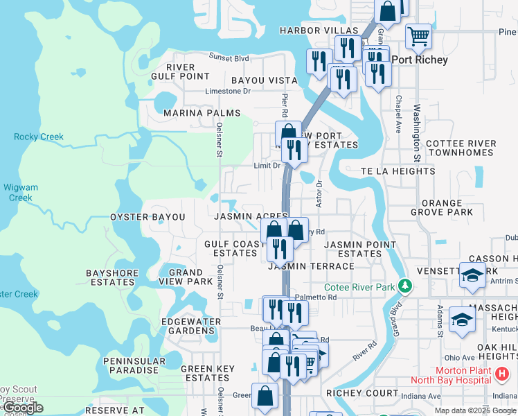 map of restaurants, bars, coffee shops, grocery stores, and more near 7348 Royal Palm Drive in New Port Richey