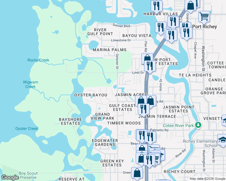 map of restaurants, bars, coffee shops, grocery stores, and more near 7305 Janczlik Drive in New Port Richey