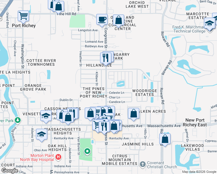 map of restaurants, bars, coffee shops, grocery stores, and more near 6513 Celeste Lane in New Port Richey