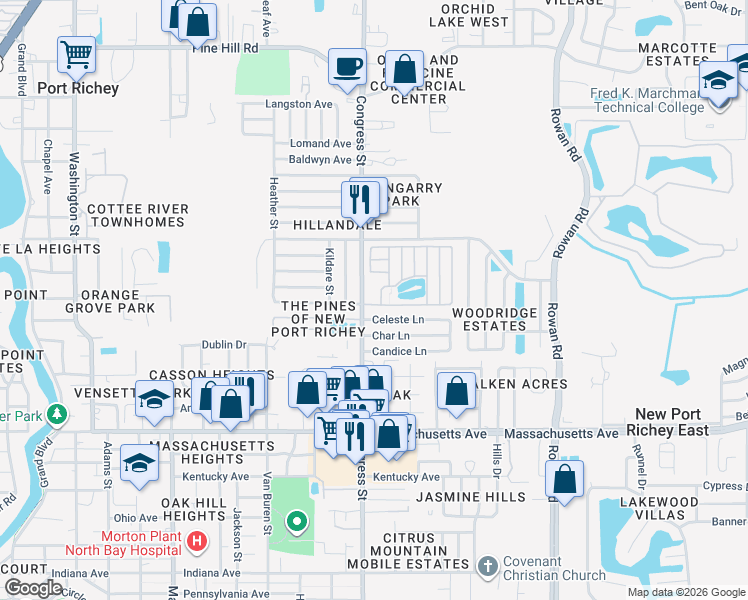 map of restaurants, bars, coffee shops, grocery stores, and more near 6513 Celeste Lane in New Port Richey