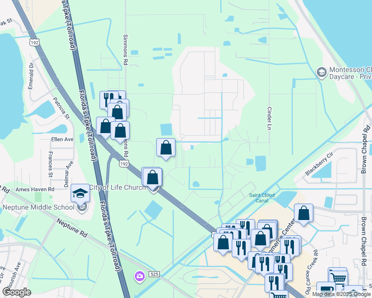 map of restaurants, bars, coffee shops, grocery stores, and more near 2931 Big Sky Boulevard in Kissimmee