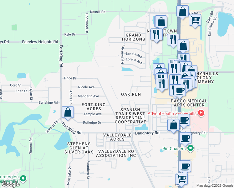map of restaurants, bars, coffee shops, grocery stores, and more near 37417 Laurel Hammock Drive in Zephyrhills