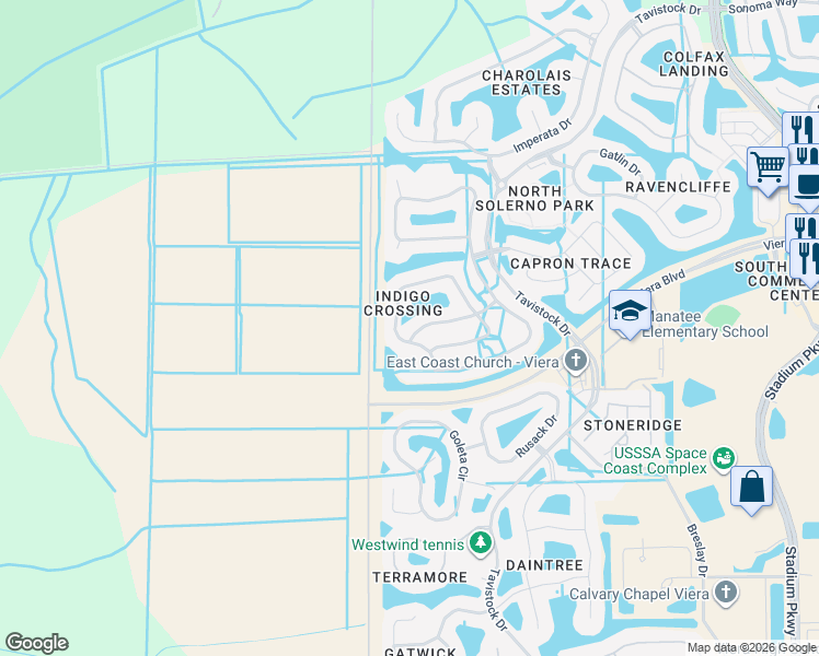 map of restaurants, bars, coffee shops, grocery stores, and more near 3832 Manitoba Way in Rockledge