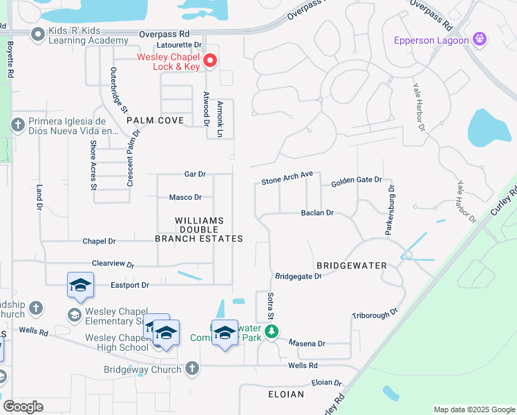 map of restaurants, bars, coffee shops, grocery stores, and more near 7316 Newhall Pass Lane in Wesley Chapel