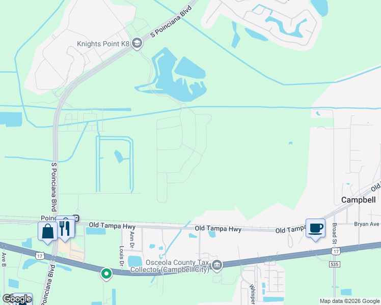map of restaurants, bars, coffee shops, grocery stores, and more near South Rail Avenue in Kissimmee