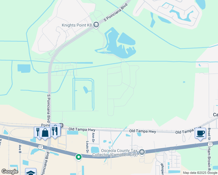 map of restaurants, bars, coffee shops, grocery stores, and more near 1401 South Poinciana Boulevard in Kissimmee