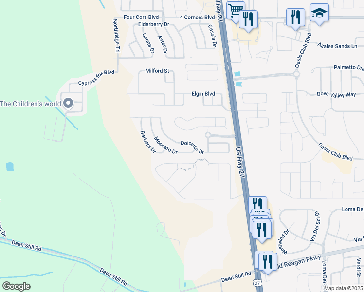 map of restaurants, bars, coffee shops, grocery stores, and more near 1045 Corvina Drive in Davenport