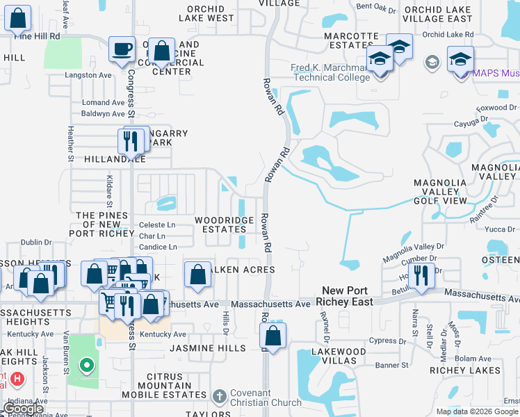 map of restaurants, bars, coffee shops, grocery stores, and more near 7324 Julian Street in New Port Richey