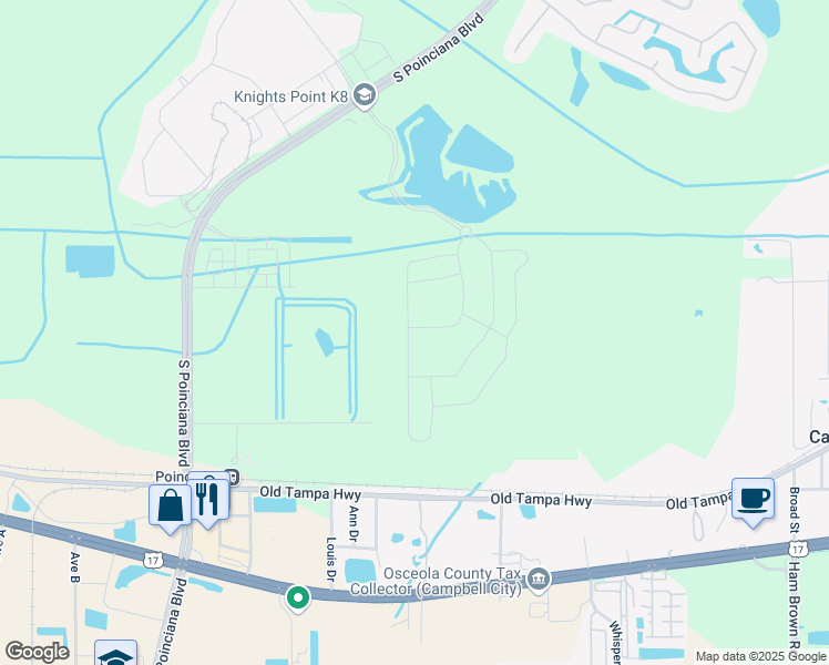 map of restaurants, bars, coffee shops, grocery stores, and more near 1401 South Poinciana Boulevard in Kissimmee