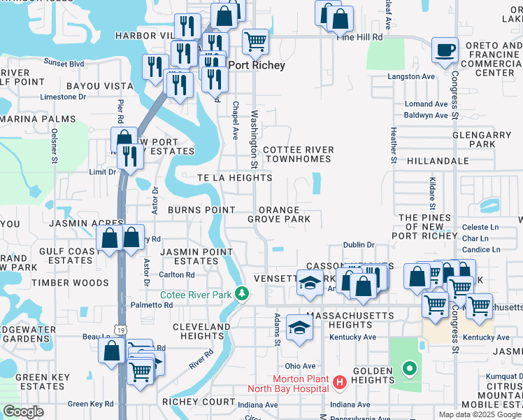 map of restaurants, bars, coffee shops, grocery stores, and more near 7401 Pulsar Street in New Port Richey