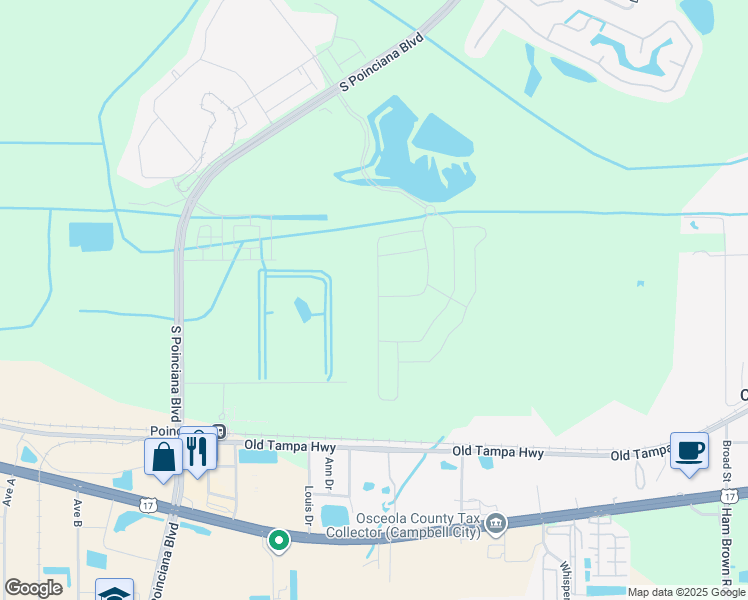 map of restaurants, bars, coffee shops, grocery stores, and more near 1401 South Poinciana Boulevard in Kissimmee