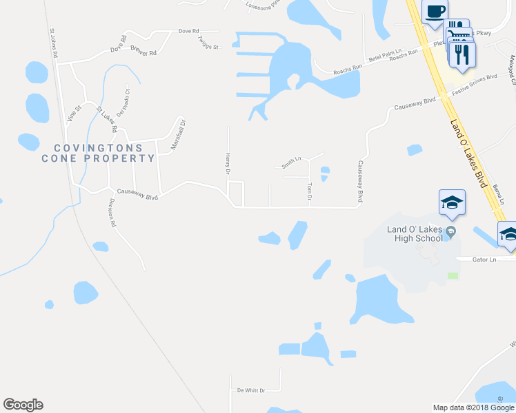 map of restaurants, bars, coffee shops, grocery stores, and more near 19601 Causeway Boulevard in Land O' Lakes
