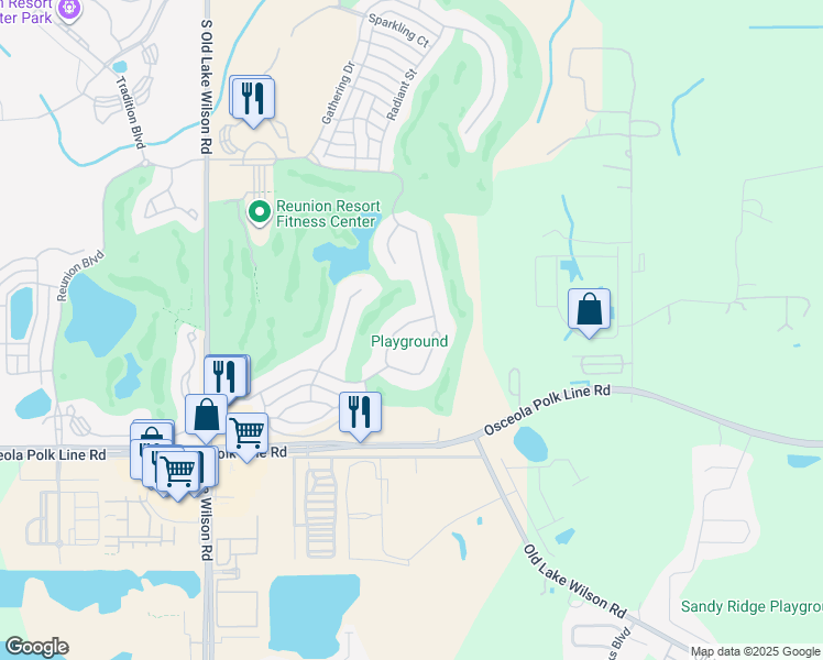 map of restaurants, bars, coffee shops, grocery stores, and more near 7583 Excitement Drive in Kissimmee