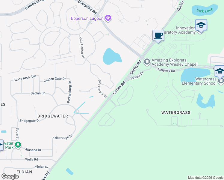 map of restaurants, bars, coffee shops, grocery stores, and more near 7402 Pool Compass Loop in Wesley Chapel