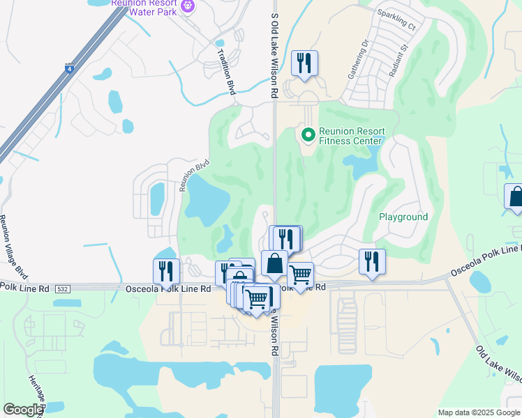 map of restaurants, bars, coffee shops, grocery stores, and more near 7601 Heritage Crossing Way in Four Corners