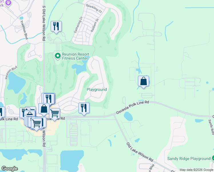 map of restaurants, bars, coffee shops, grocery stores, and more near 7570 Excitement Drive in Kissimmee
