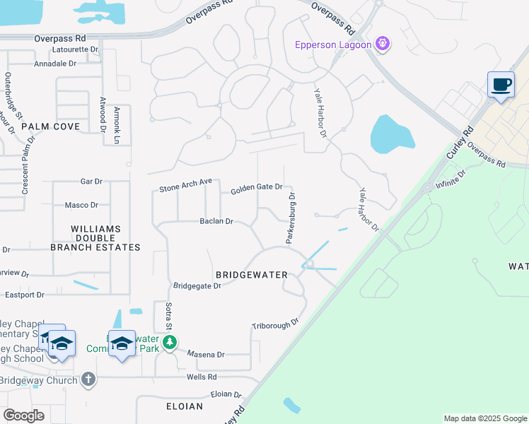 map of restaurants, bars, coffee shops, grocery stores, and more near 7343 Tower Bridge Drive in Wesley Chapel