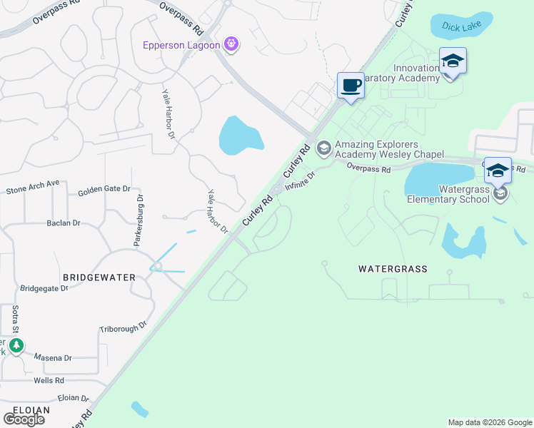 map of restaurants, bars, coffee shops, grocery stores, and more near 7412 Bridgeview Drive in Wesley Chapel