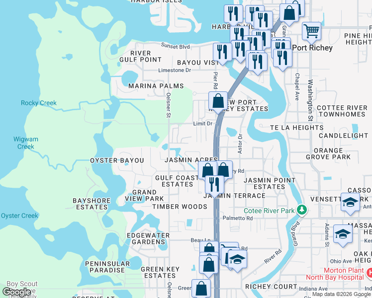 map of restaurants, bars, coffee shops, grocery stores, and more near 5034 Sleighbell Lane in New Port Richey