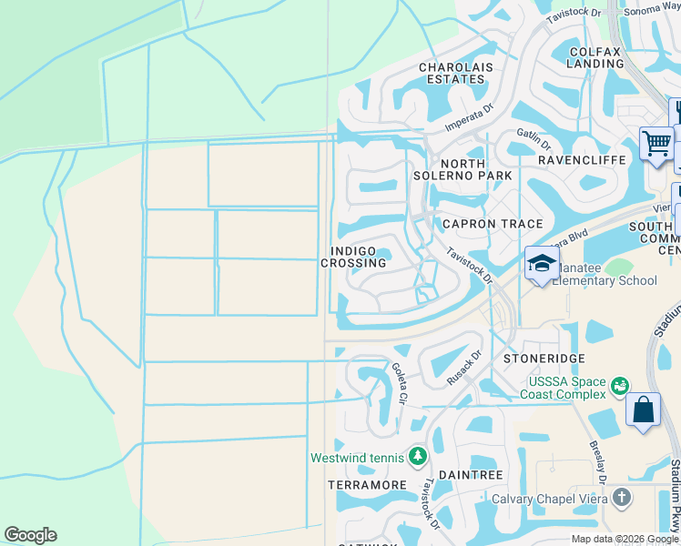 map of restaurants, bars, coffee shops, grocery stores, and more near 5399 Duskywing Drive in Rockledge