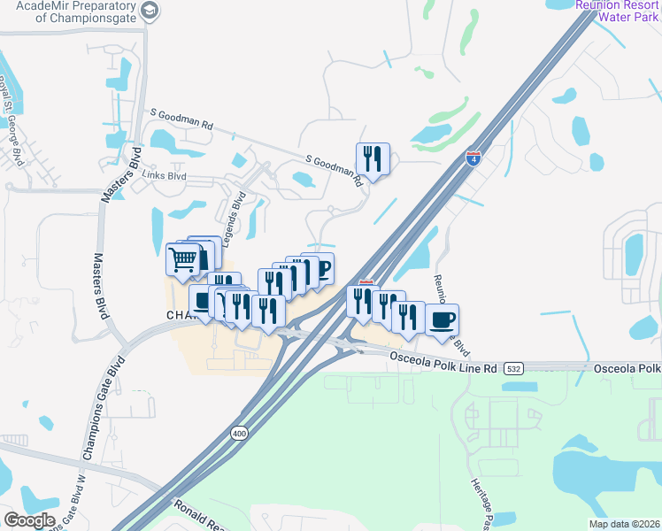 map of restaurants, bars, coffee shops, grocery stores, and more near 1425-1499 South Goodman Road in Davenport