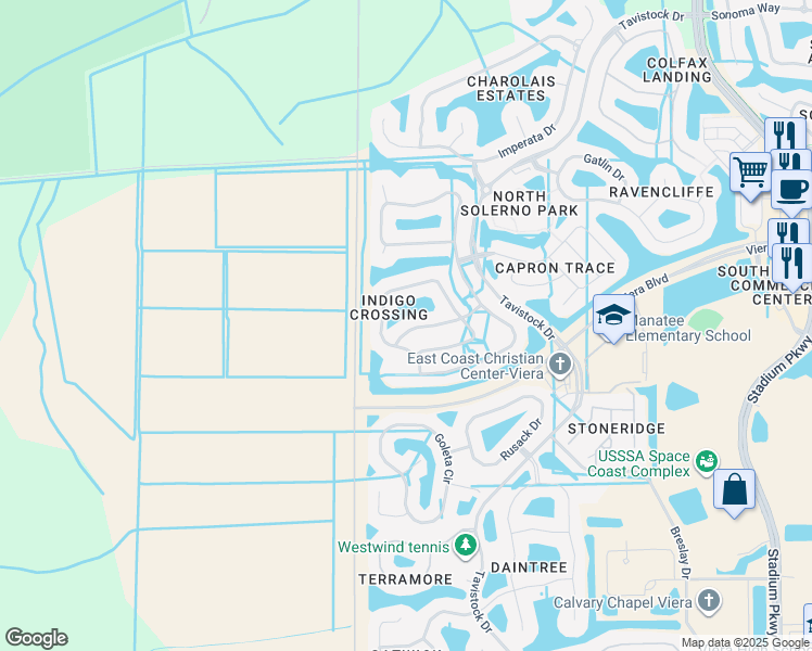 map of restaurants, bars, coffee shops, grocery stores, and more near 3852 Manitoba Way in Rockledge