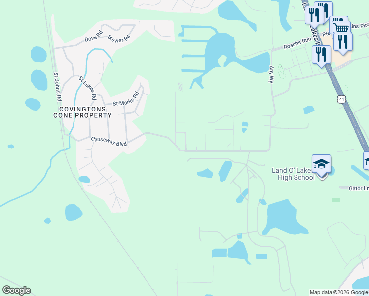 map of restaurants, bars, coffee shops, grocery stores, and more near 19525 Causeway Boulevard in Land O' Lakes
