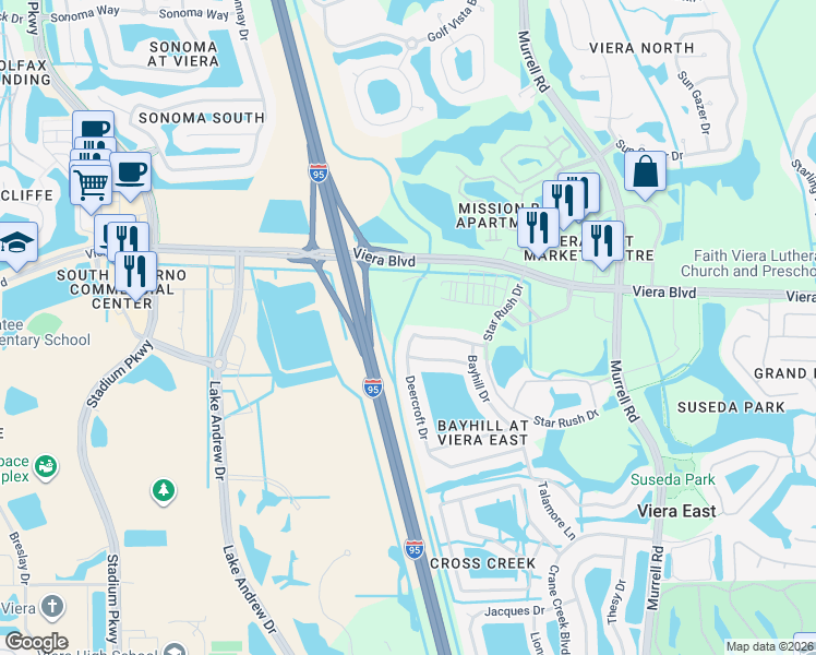 map of restaurants, bars, coffee shops, grocery stores, and more near 2577 Deercroft Drive in Melbourne