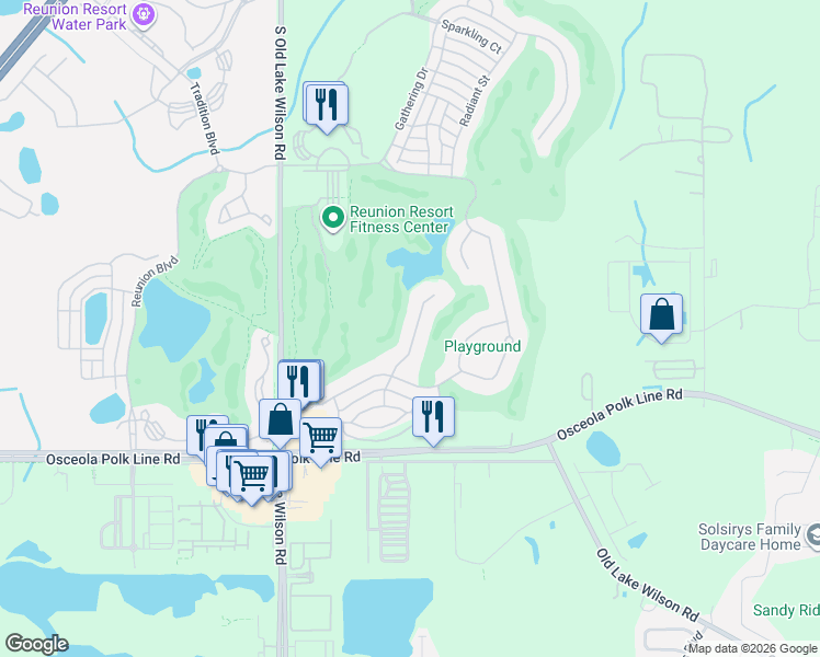 map of restaurants, bars, coffee shops, grocery stores, and more near 1543 Corolla Court in Osceola County