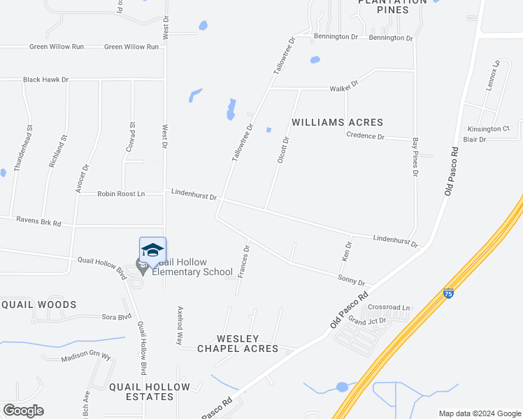 map of restaurants, bars, coffee shops, grocery stores, and more near Lindenhurst Drive in Wesley Chapel