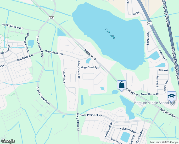map of restaurants, bars, coffee shops, grocery stores, and more near 1443 Kingston Way in Kissimmee