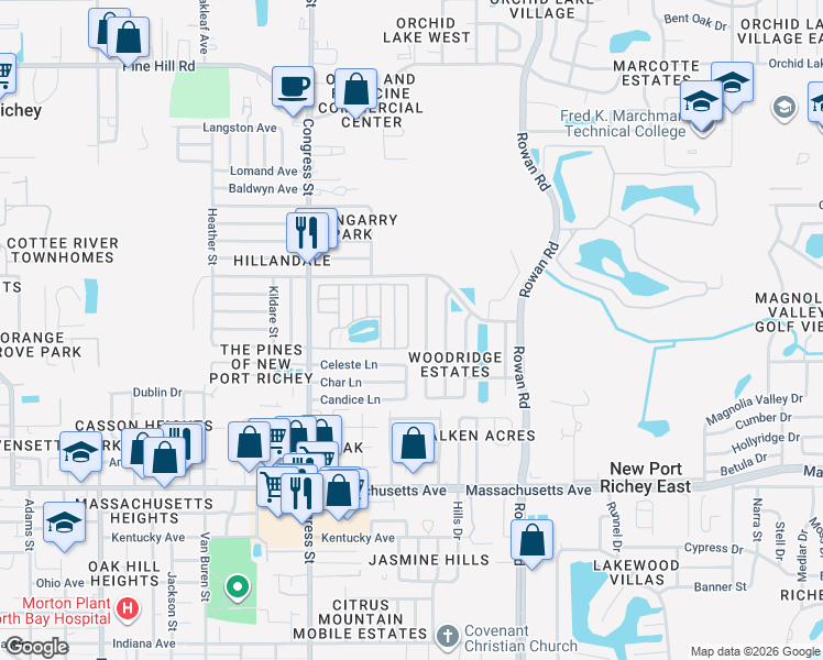 map of restaurants, bars, coffee shops, grocery stores, and more near 7403 Demure Lane in New Port Richey