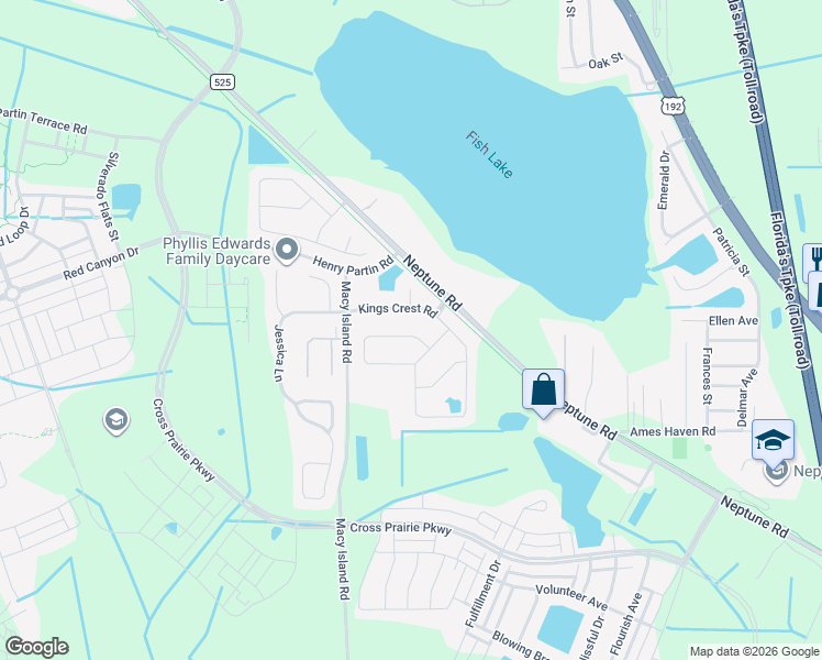 map of restaurants, bars, coffee shops, grocery stores, and more near 2316 Kings Crest Road in Kissimmee
