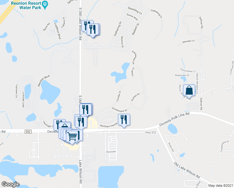 map of restaurants, bars, coffee shops, grocery stores, and more near 1543 Corolla Court in Osceola County