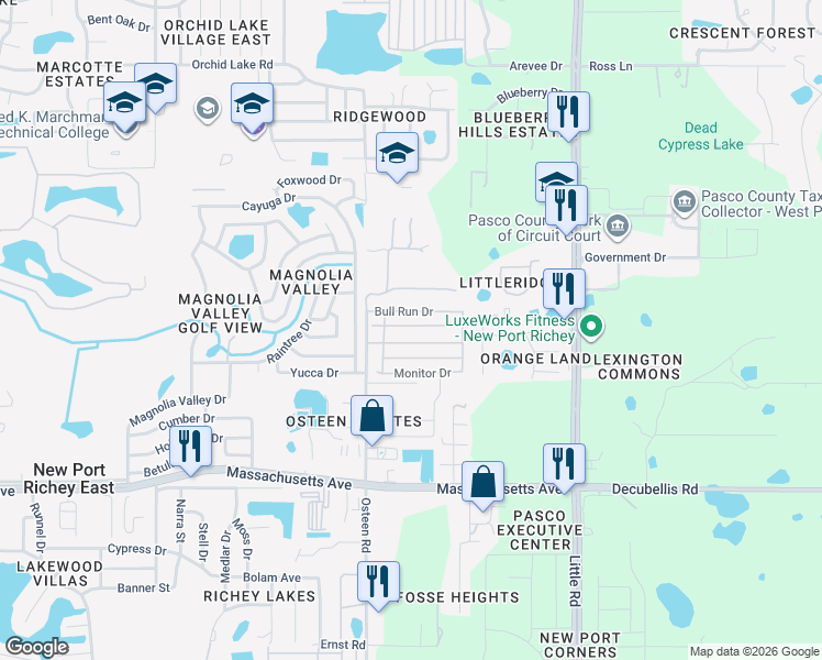 map of restaurants, bars, coffee shops, grocery stores, and more near 8035 Cedar Creek Drive in New Port Richey