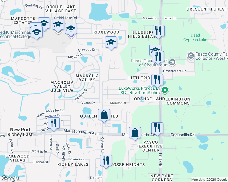 map of restaurants, bars, coffee shops, grocery stores, and more near 8035 Cedar Creek Drive in New Port Richey