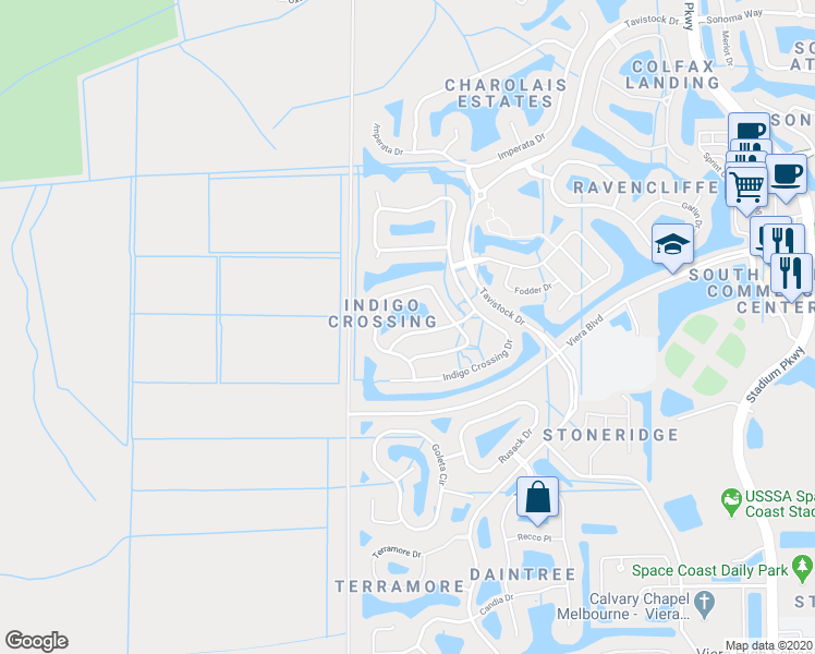 map of restaurants, bars, coffee shops, grocery stores, and more near 3832 Manitoba Way in Rockledge