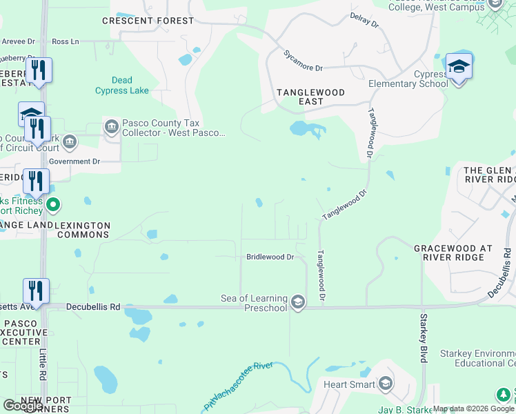 map of restaurants, bars, coffee shops, grocery stores, and more near 7230 Old Homestead Road in New Port Richey