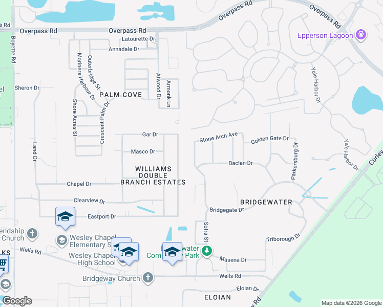 map of restaurants, bars, coffee shops, grocery stores, and more near 7327 Newhall Pass Lane in Wesley Chapel