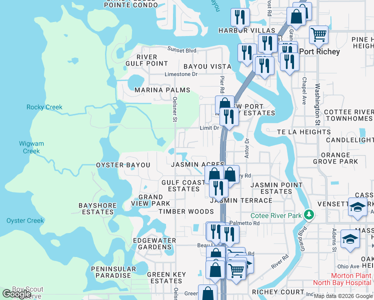 map of restaurants, bars, coffee shops, grocery stores, and more near 5034 Sleighbell Lane in New Port Richey