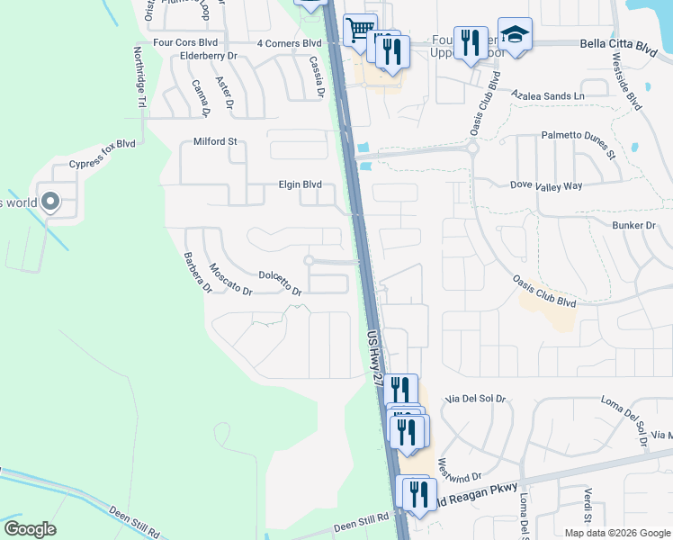 map of restaurants, bars, coffee shops, grocery stores, and more near 154 Dolcetto Drive in Davenport