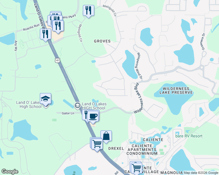 map of restaurants, bars, coffee shops, grocery stores, and more near 20817 Jaffa Lane in Land O' Lakes