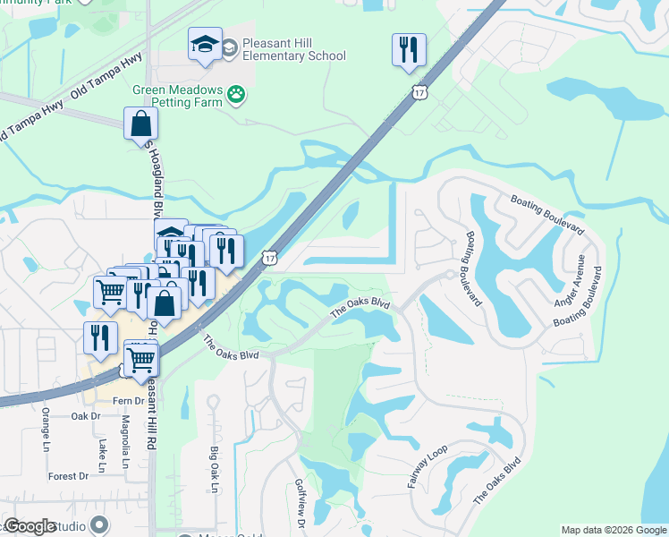 map of restaurants, bars, coffee shops, grocery stores, and more near 2625 Harris Boulevard in Kissimmee